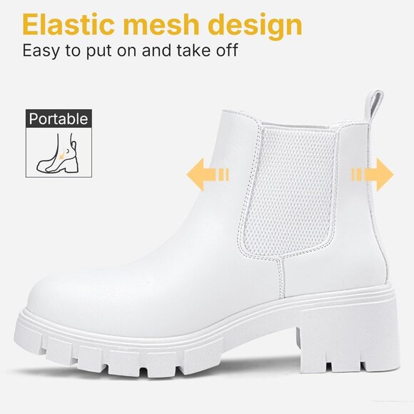 Vepose Women's White Faux Chelsea Leather Lug Sole Elastic Slip on Ankle Booties - Picture 8 of 9